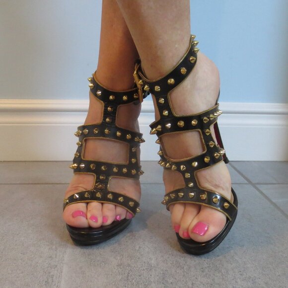 CHRISTIAN LOUBOUTIN Black and Gold Stud and Chain High Heel Sandals - Picture 5 of 9